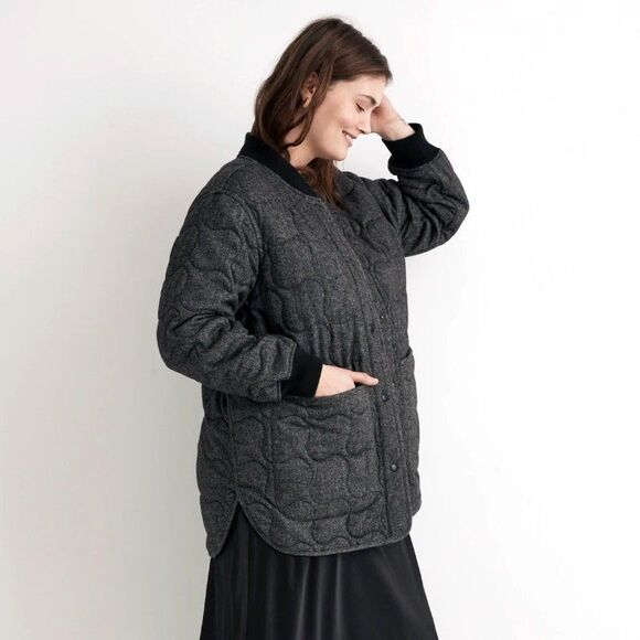 Madewell Quilted Oversized Bomber Jacket Women 3X Black Herringbone Wool N0317 - Picture 3 of 13